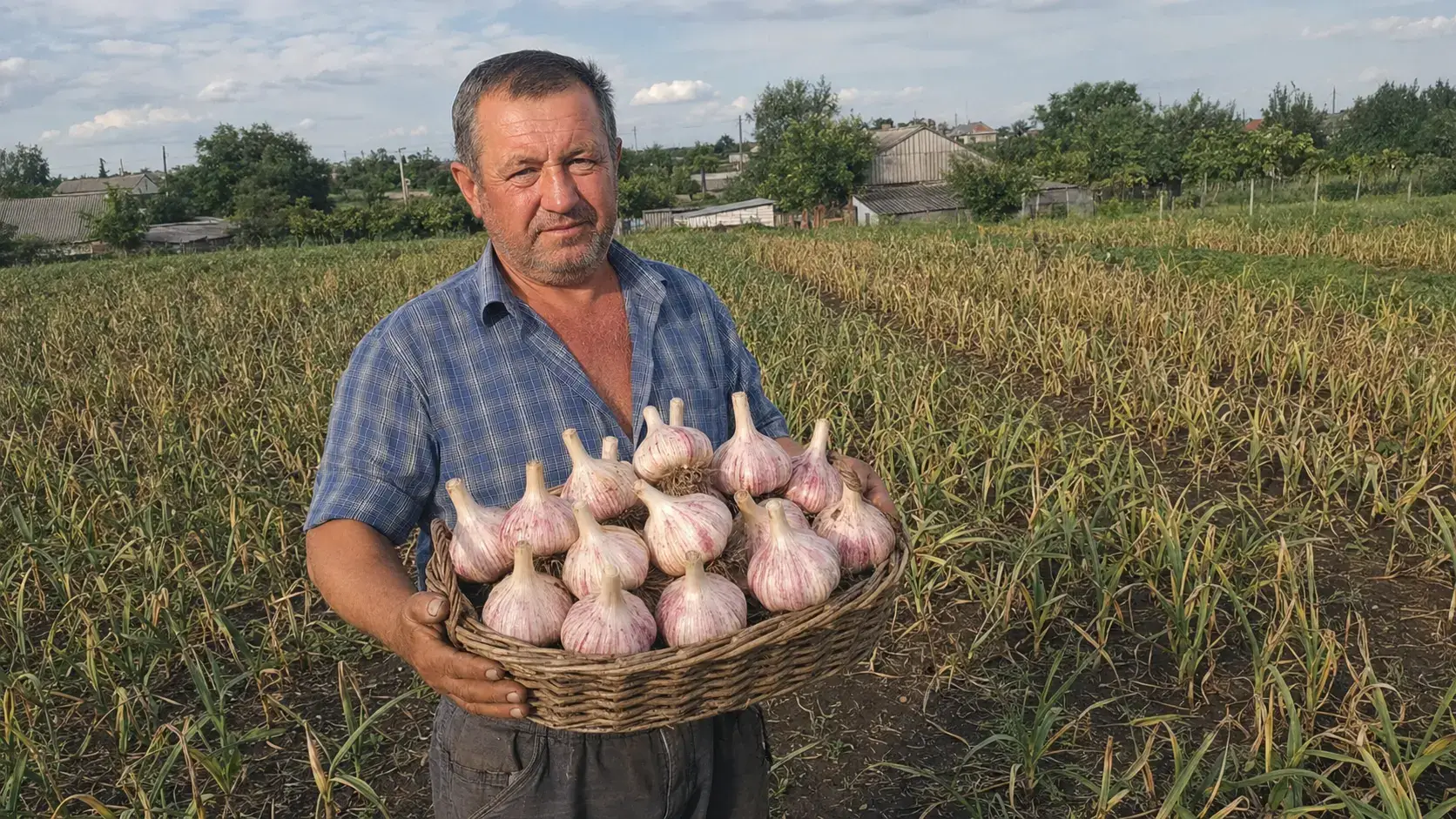 Андрій Кириленко на своєму полі під Вінницею, тримає в руці велику головку часнику